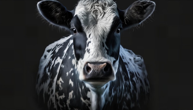 Czarno-biała krowa z czarną twarzą i napisem krowa z przodu.