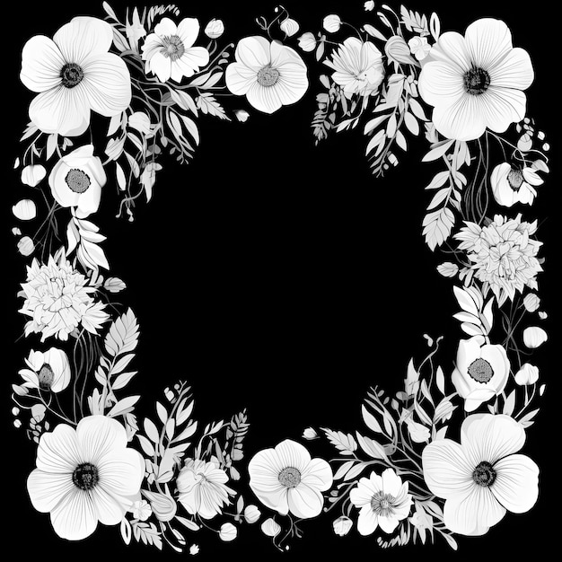 Zdjęcie czarno-biała monochromatyczna ramka kwiatowa z białymi kwiatami i liśćmi anemonu generatywna ai
