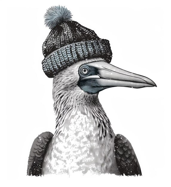 Czarno-biała ręcznie narysowana nowoczesna ilustracja niebieskiego piersiaka ozdobionego okularzami przeciwsłonecznymi i kapeluszem hipsterów w latach dwudziestych Gannet tło z sylwetkami ptaków okulary przeciwsłoneckie