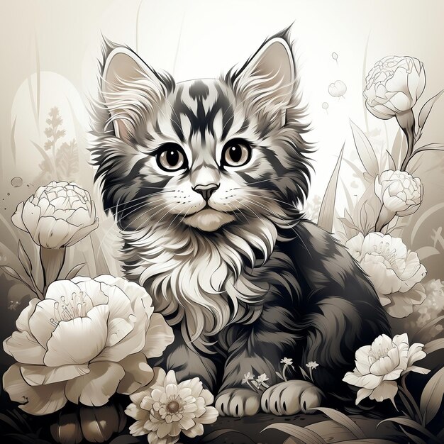 Zdjęcie czarno-biała strona do kolorowania przedstawiająca uroczego kota z dużymi wyrazistymi oczami