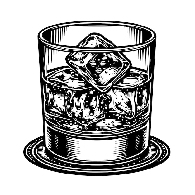 Czarno-biała sylwetka szklanej whisky na skałach