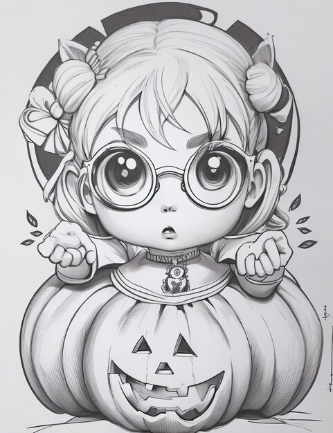Czarno-biała sztuka śliczna kawaii Dziewczyna w okularach z dyniami halloweenowymi do kolorowania