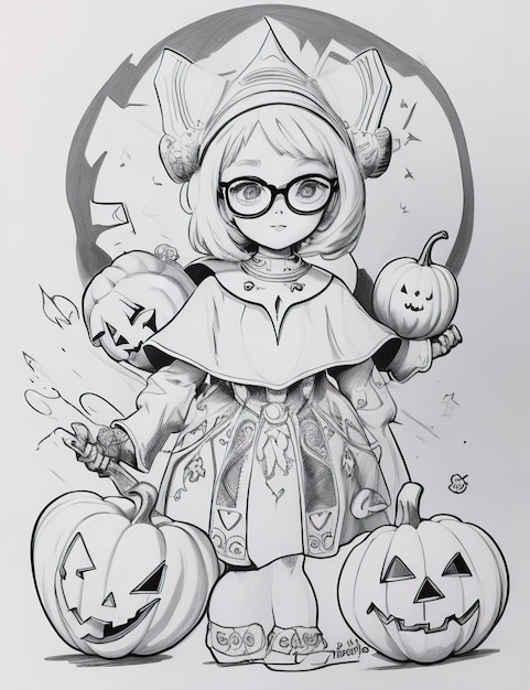 Czarno-biała sztuka śliczna kawaii Dziewczyna w okularach z dyniami halloweenowymi do kolorowania