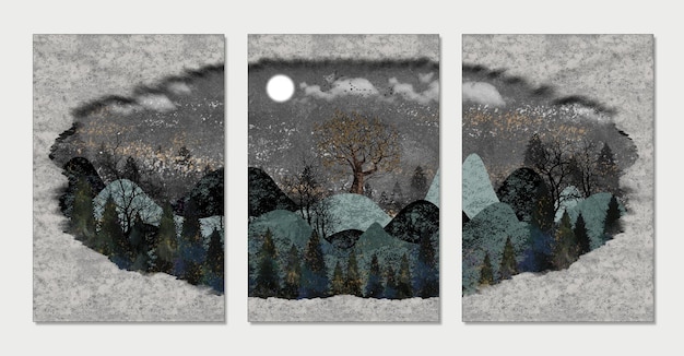 Czarno-biała tapeta 3d płótno krajobraz góry drzewa chmury i księżyc na szarym tle
