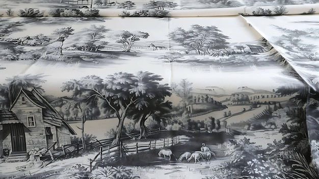 Czarno-biała tkanina toile z pasterską sceną Wzorzec przedstawia powtarzający się wzór wiejskiego krajobrazu z drzewami, domami i zwierzętami
