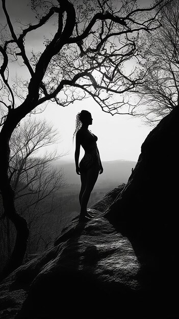 Zdjęcie czarno-białe ciało kobiety sylwetki na skałach generatywnej ai