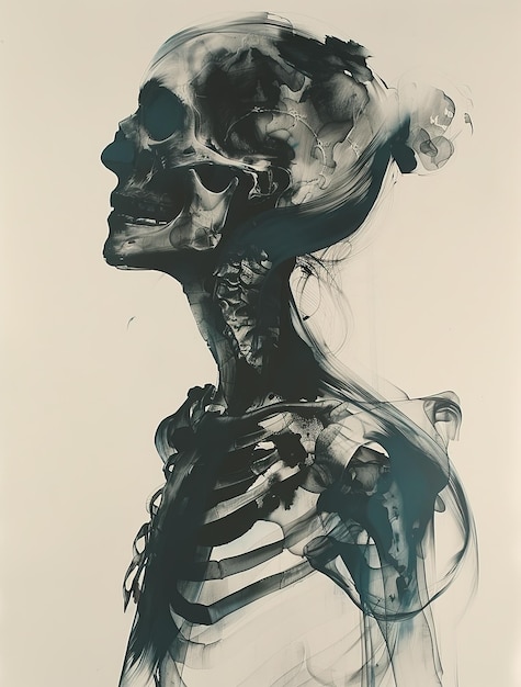 Czarno-białe dzieło sztuki przedstawiające kruchą elegancję szkieletowej dziewczyny