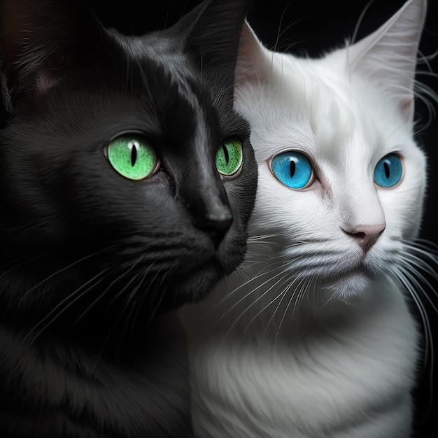 Czarno-białe koty zbliżenie symbol jedności przeciwieństw yin i yang podzielonej osobowości