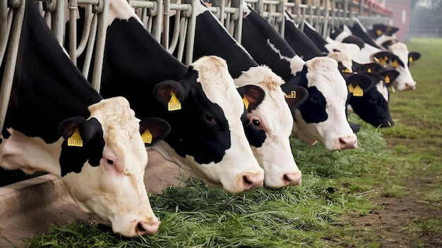 Czarno-białe krowy holsteinowe żywiące się trawą w stajni w Holandii