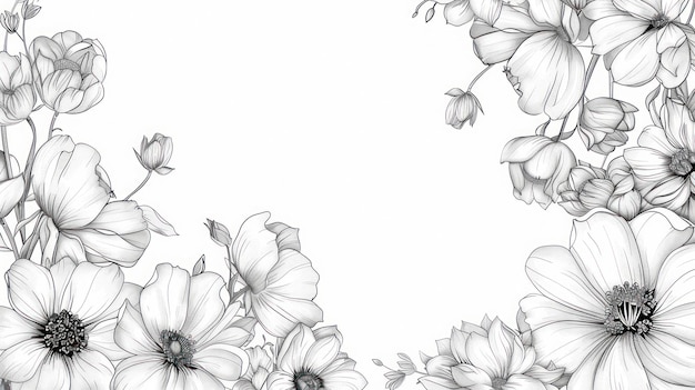 Czarno-białe letnie kwiaty szkic kontur ramy kopiowania przestrzeni kwiaty maku