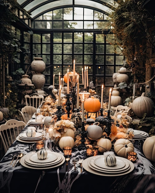 czarno-białe nakrycie stołu na Halloween ze świecami, dyniami i innymi dekoracjami w tle