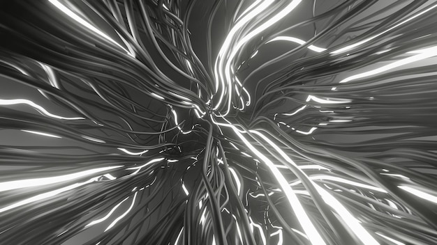 Zdjęcie czarno-białe nitki są losowo przeplatane atmosferycznym blaskiem elementów ilustracja streszczenie 3d render