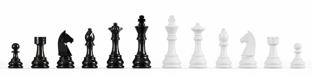 Czarno-białe szachy na na białym tle ilustracja renderowania 3D