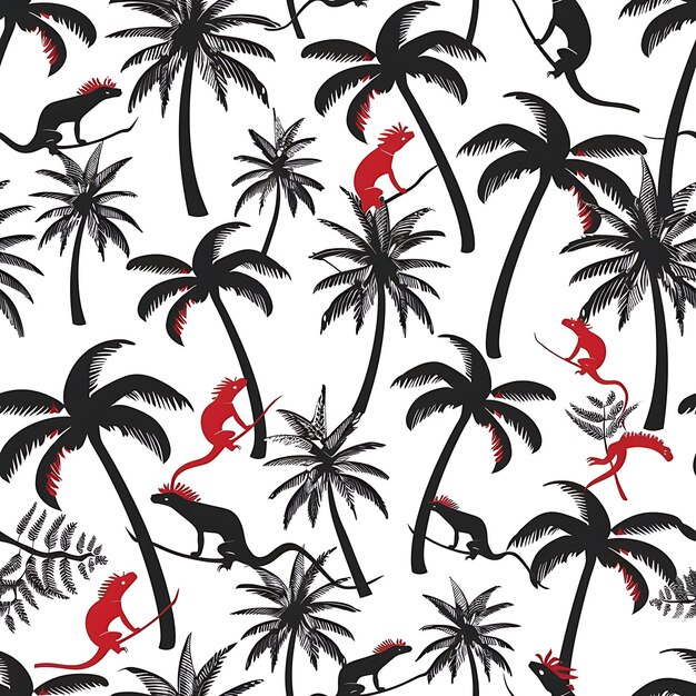 czarno-białe tło z drzewami palmowymi i czerwoną małpą w środku
