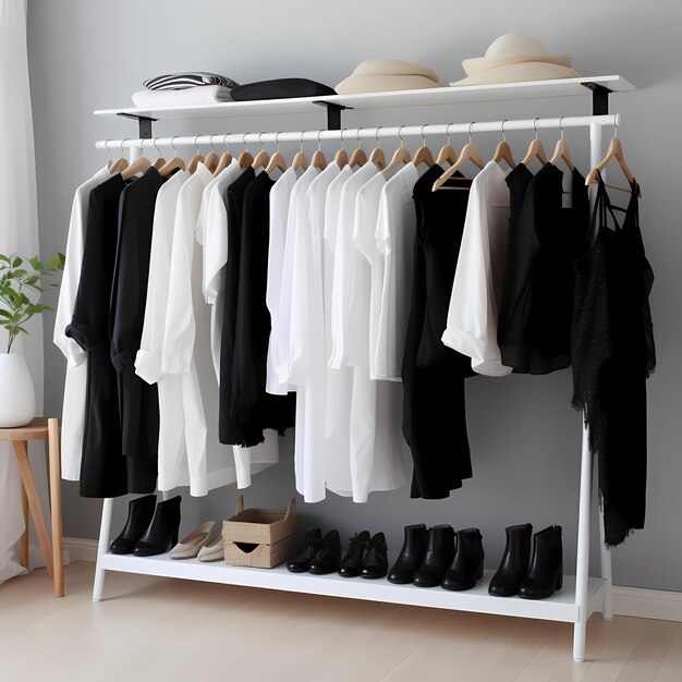 Czarno-białe ubrania na wieszakach w szafie na ubrania