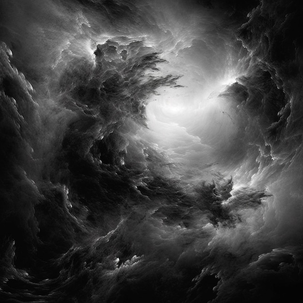 Czarno-białe zdjęcie ciemnej chmury wypełnionej generatywnym niebem AI