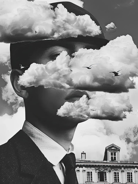 Zdjęcie czarno-białe zdjęcie człowieka z chmurami w głowie