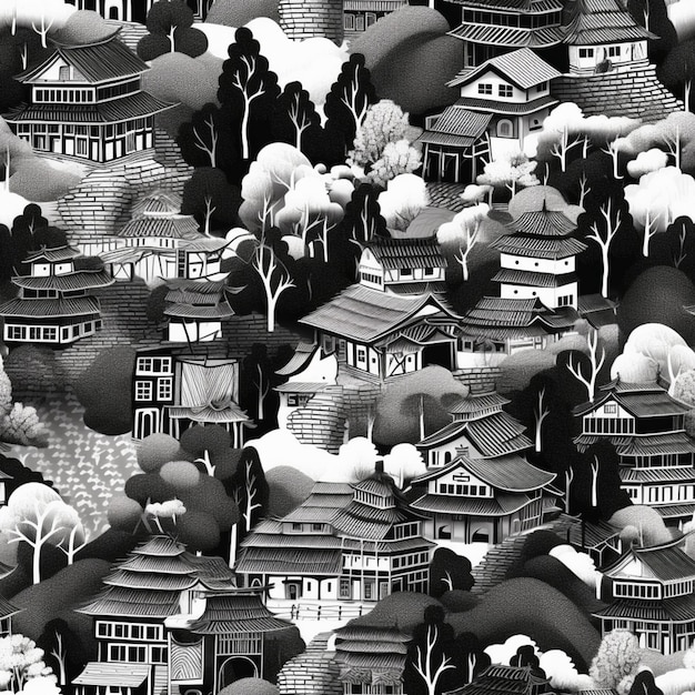 czarno-białe zdjęcie dużej grupy domów generatywnych ai