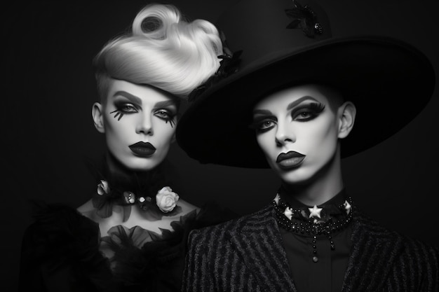 Czarno-białe zdjęcie dwóch kobiet z długimi włosami i kapeluszem z napisem „Halloween”.