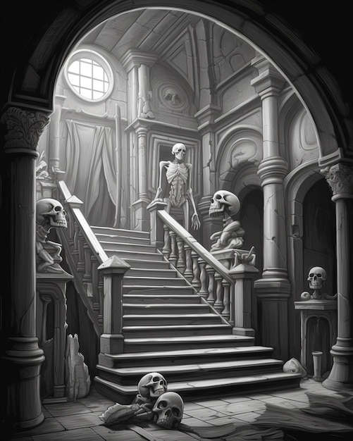 Czarno-białe zdjęcie klatki schodowej z wiązką generatywnych czaszek