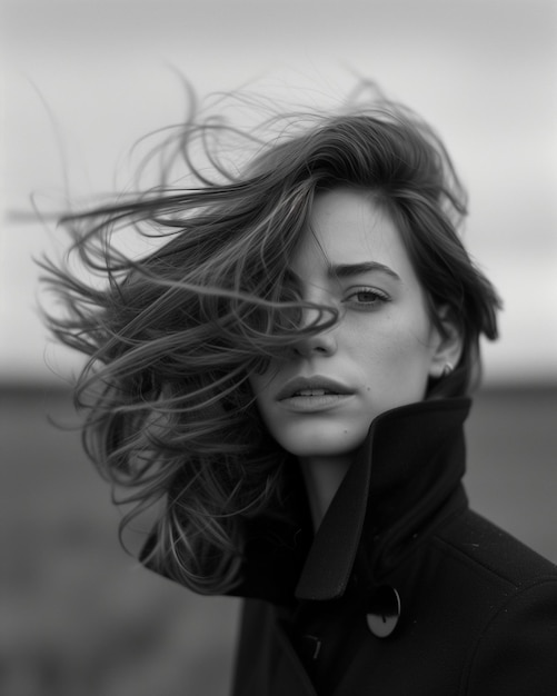 czarno-białe zdjęcie kobiety zwijającej włosy pani w portrecie wiatru