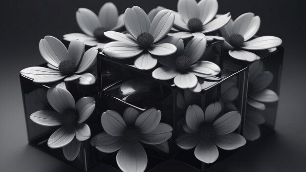 czarno-białe zdjęcie kwiatów w kostce
