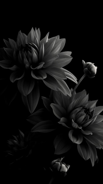 Czarno-białe zdjęcie kwiatu z dużym kwiatem po lewej stronie.