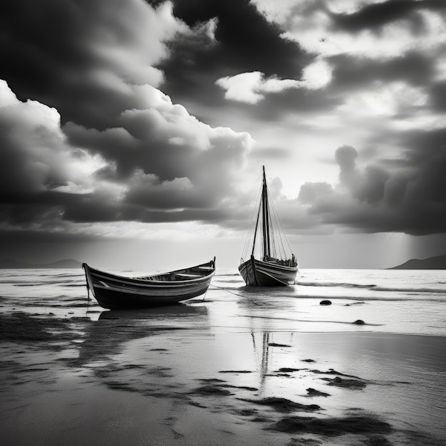 czarno-białe zdjęcie łodzi na morzu