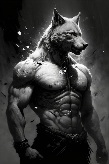Czarno-białe zdjęcie mężczyzny z wilkiem na piersi generatywnej ai