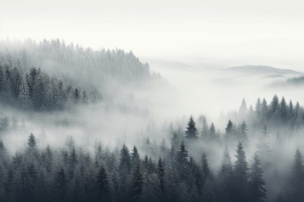 czarno-białe zdjęcie mglistego lasu