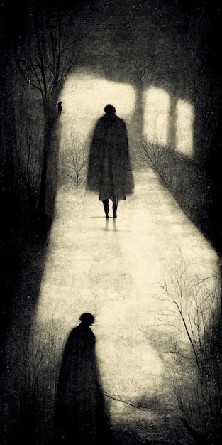 Czarno-białe zdjęcie osoby idącej w ciemności