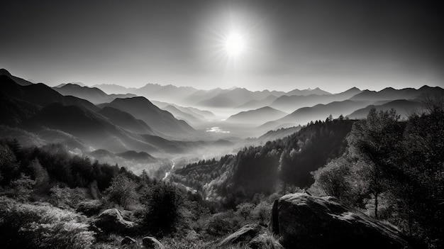 Czarno-białe zdjęcie pasma górskiego z mgłą w powietrzu i jasnym słońcem na niebie nad pasmem górskim Generacyjna sztuczna inteligencja