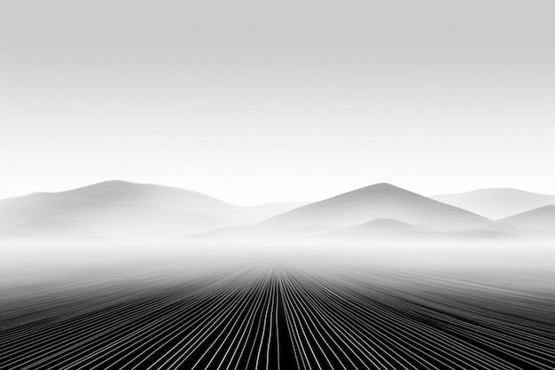 czarno-białe zdjęcie pola z polem i górami w tle.