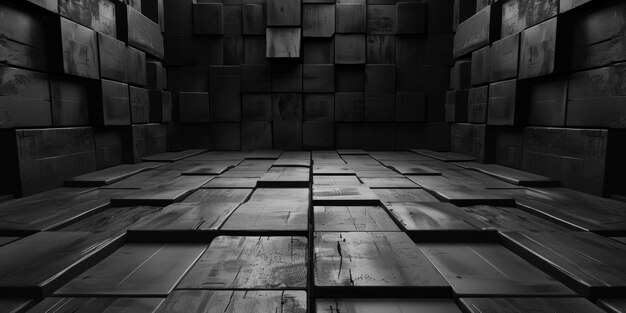 Czarno-białe zdjęcie pomieszczenia z wieloma czarnymi blokami na tle