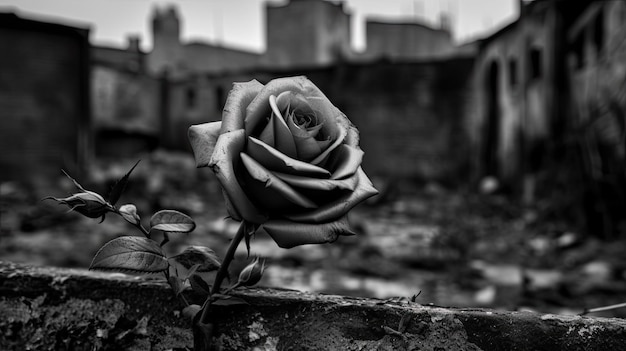 Czarno-białe zdjęcie róży ze słowem miłość