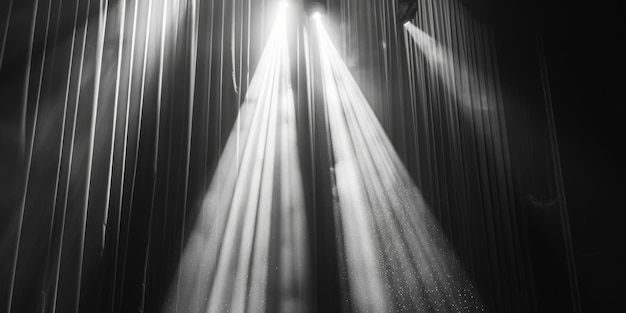 Zdjęcie czarno-białe zdjęcie sceny oświetlonej reflektorami nadaje się do koncertów teatralnych lub projektów związanych z występami