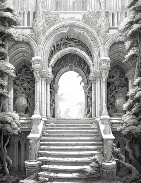 czarno-białe zdjęcie schodów prowadzących do zamku