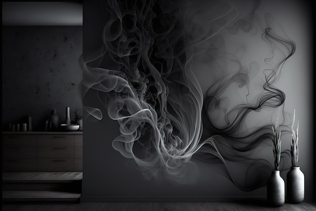 Czarno-białe zdjęcie ściany, z której wydobywa się dym.