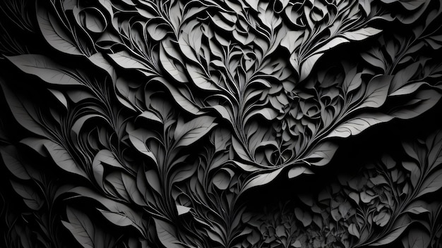 Czarno-białe zdjęcie ściany z liśćmi i kwiatami.