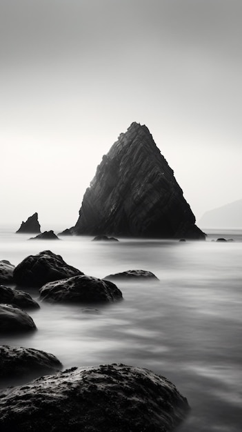 czarno-białe zdjęcie skał w oceanie