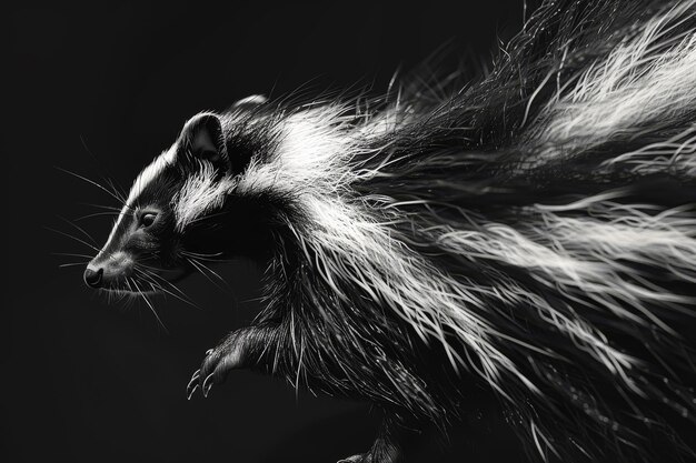 Zdjęcie czarno-białe zdjęcie skunk z podniesionym ogonem