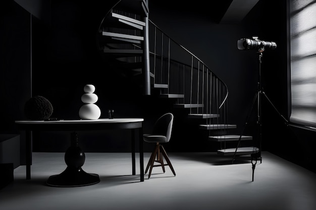 Czarno-białe zdjęcie spiralnych schodów z kamerą.
