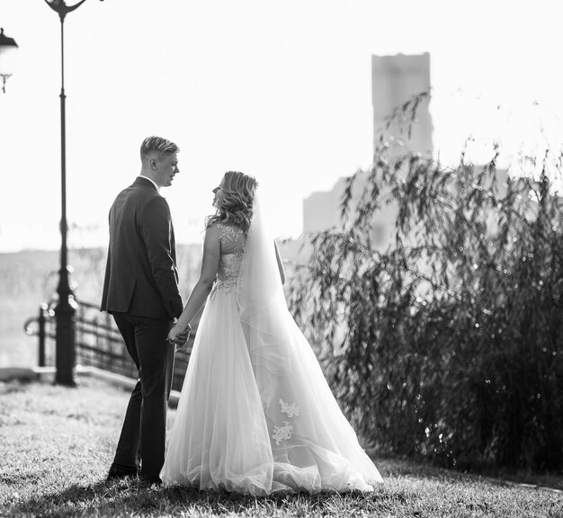 Czarno-białe zdjęcie. szczęśliwi nowożeńcy rozmawiają podczas spaceru po parku. zdjęcie z miejscem na kopię