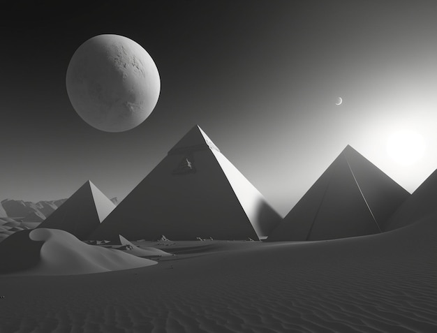 Czarno-białe zdjęcie trzech piramid na pustyni generatywnej ai