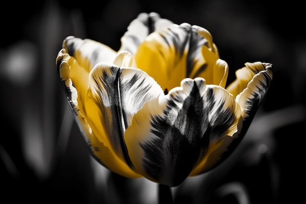 Czarno-białe zdjęcie tulipana na czarnym tle.