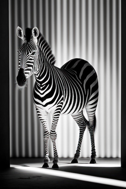 Zdjęcie czarno-białe zdjęcie zebry stojącej przed kurtyną generacyjna sztuczna inteligencja