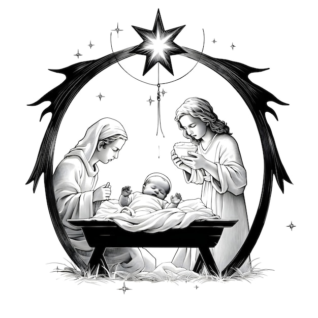 Czarno-biały arkusz do malowania żłobka urodzonego dziecka i dwóch aniołów Gwiazda Bożego Narodzenia jako symbol narodzin Zbawiciela