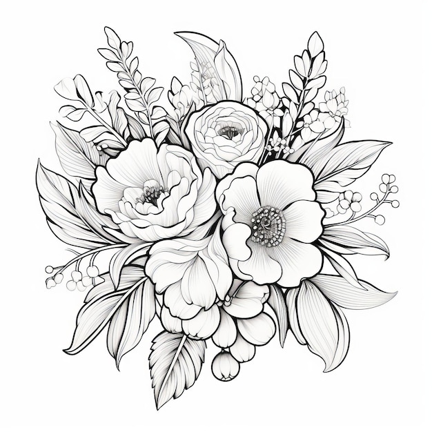 Zdjęcie czarno-biały bukiet kwiatów kolorowanie książka projekt haftowania