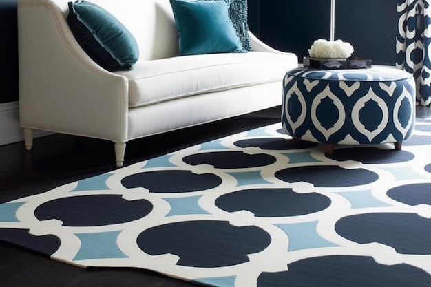 Czarno-biały dywan z wzorem to doskonały przykład salonu.