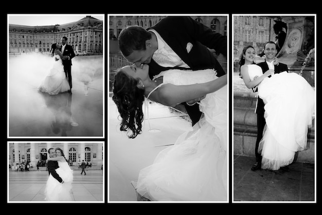 Zdjęcie czarno-biały fotomontaż pary małżeńskiej w mieście bordeaux we francji